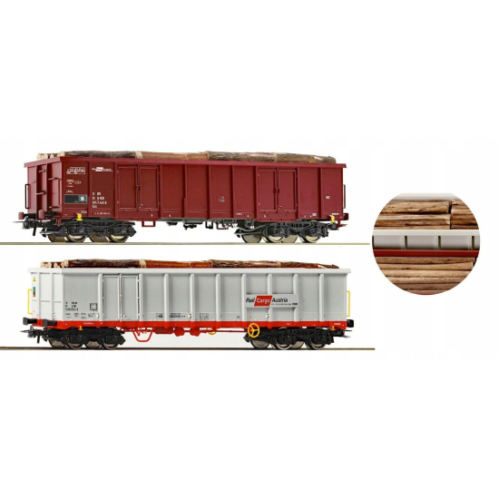 Zestaw 2 wagonów towarowych odkrytych z ładunkiem drewna Roco 76076 H0